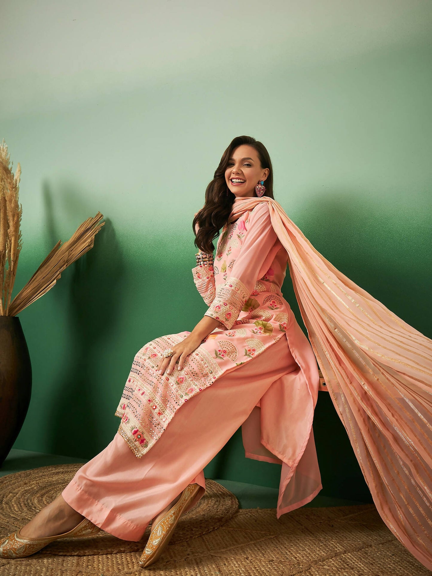 Peach Georgette Handwork Unstitched Dress Material - Hanika - Distacart