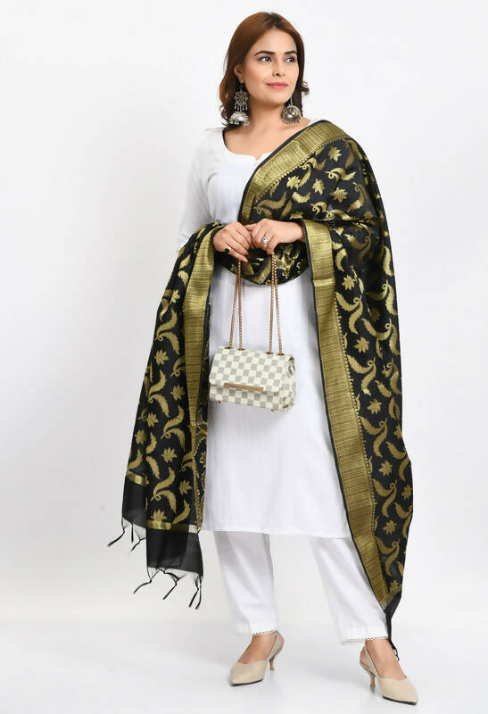 Mominos Fashion Moeza Women's Banarsi Silk Floral Woven Design Black Dupatta - Distacart