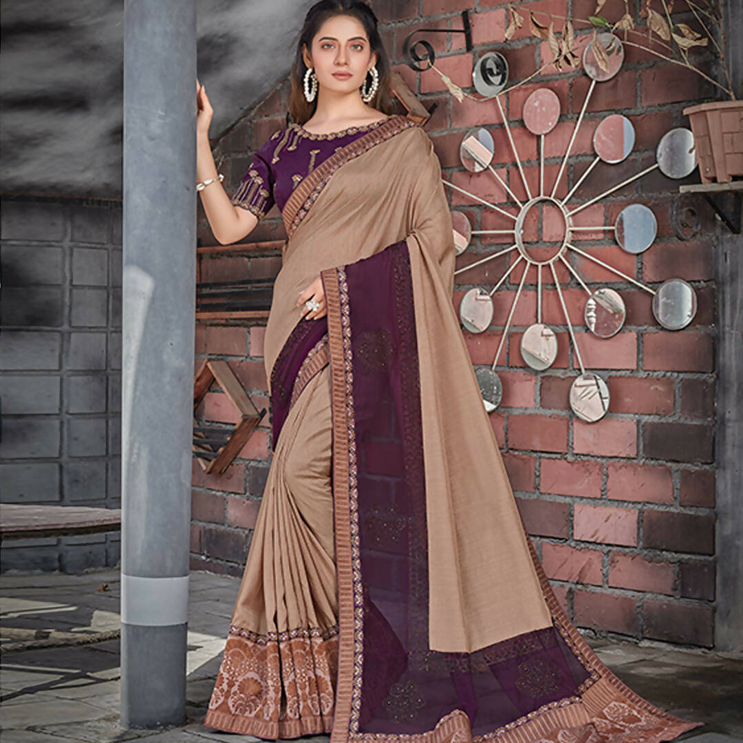 Beige, Purple Colored Tussar Silk Embroidered Saree With Blouse - Norita Royal Adveka - Distacart