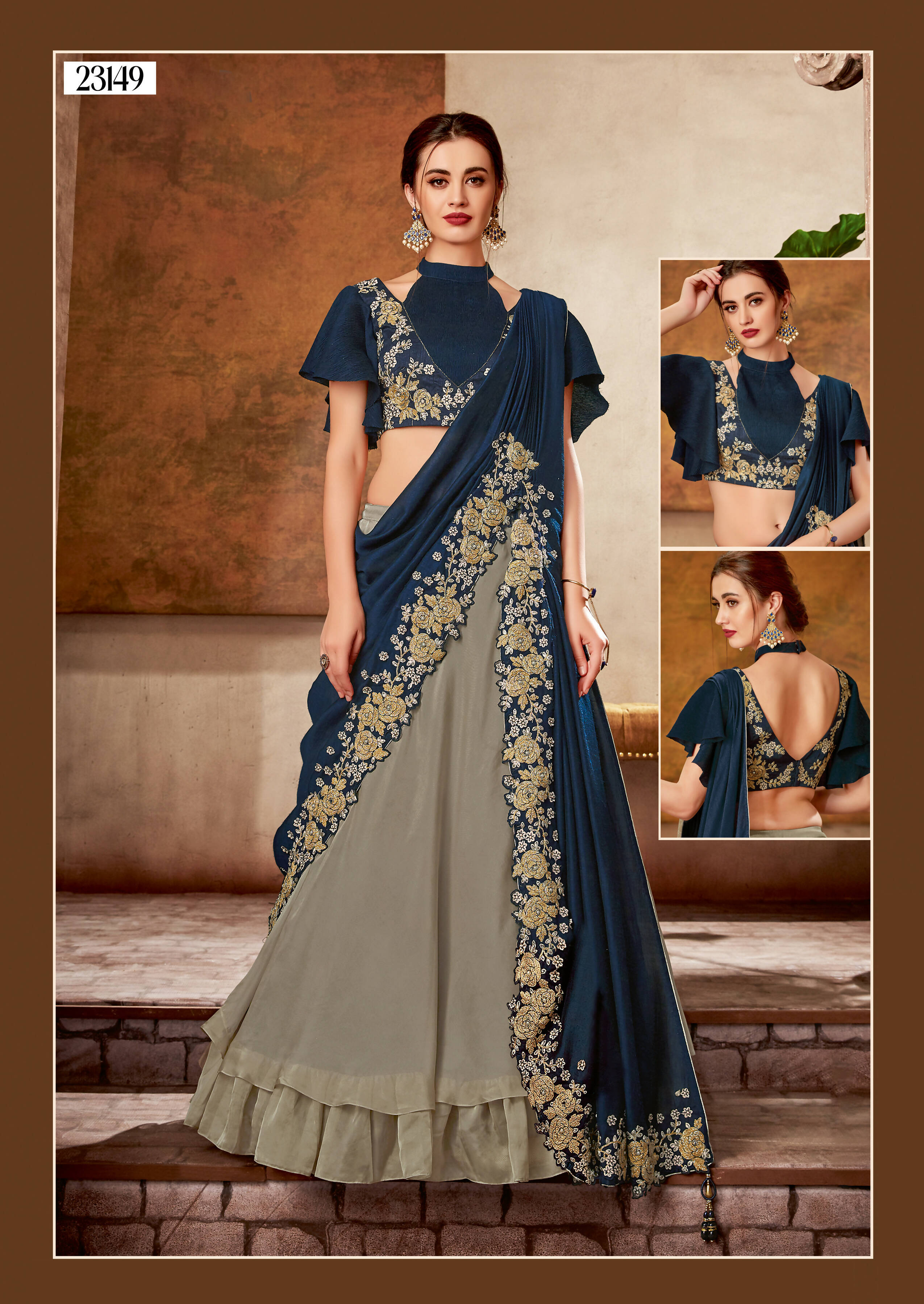 Grey, Blue Dual Tone Silk Georgette Thread, Ribbon Embroidery, Handwork Semi-Stitched Lehenga Saree - Mohmanthan Dezzy - Distacart