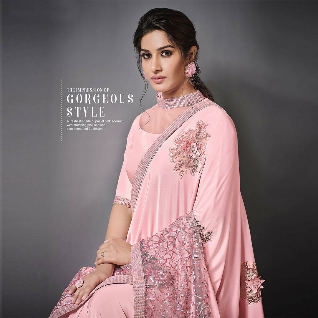 Pink Lycra Raw Silk Sequins Embroidery, Applique Work Saree - Norita Eileen - Distacart