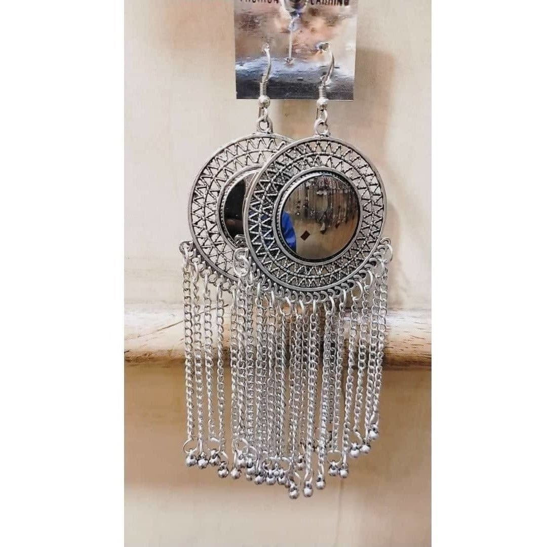 Round Shape Silver Color Earrings With Hanging Chains