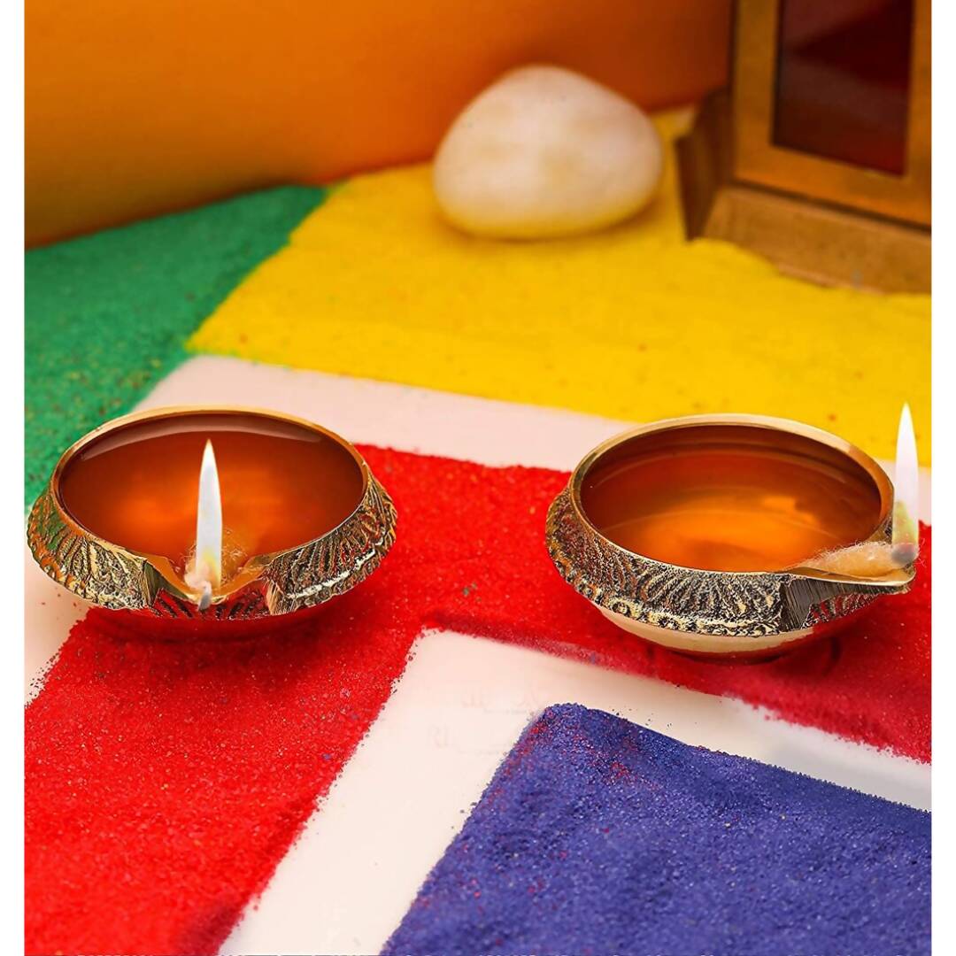 Tied Ribbons Antique 2 Pieces Gold-Toned Textured Brass Diyas - Distacart