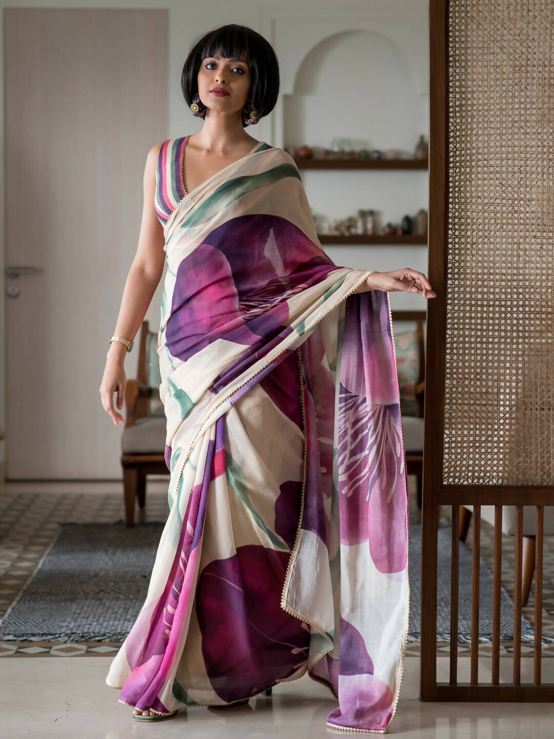 Suta Beige Floral Pure Cotton Saree - Distacart