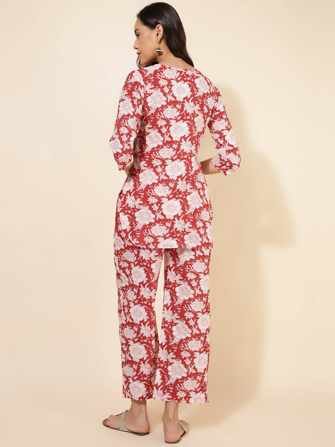 Janasya Women's Red Cotton Cambric Floral Printed Casual Straight Top Set - Distacart