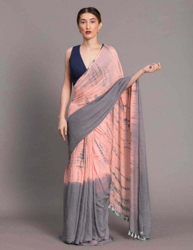 Suta Peach-Coloured Grey Tie Dye Pure Cotton Saree - Distacart