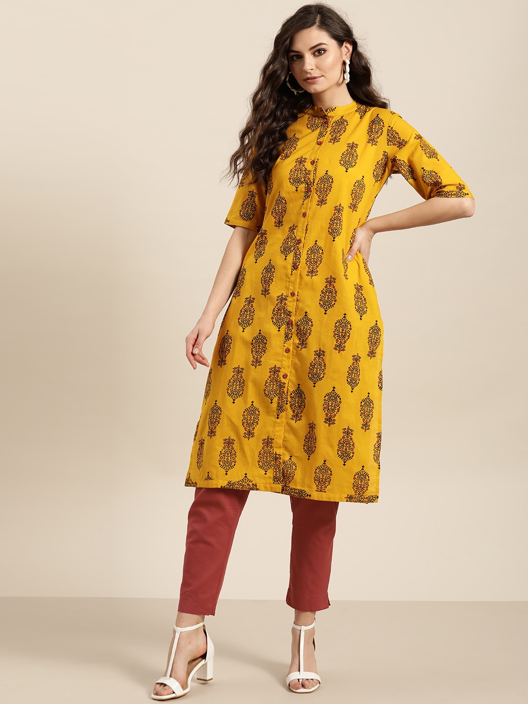 Sangria Women Mustard Yellow & Black Ethnic Motif Printed Kurta with Trousers - Distacart