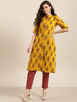 Thumbnail for Sangria Women Mustard Yellow & Black Ethnic Motif Printed Kurta with Trousers - Distacart