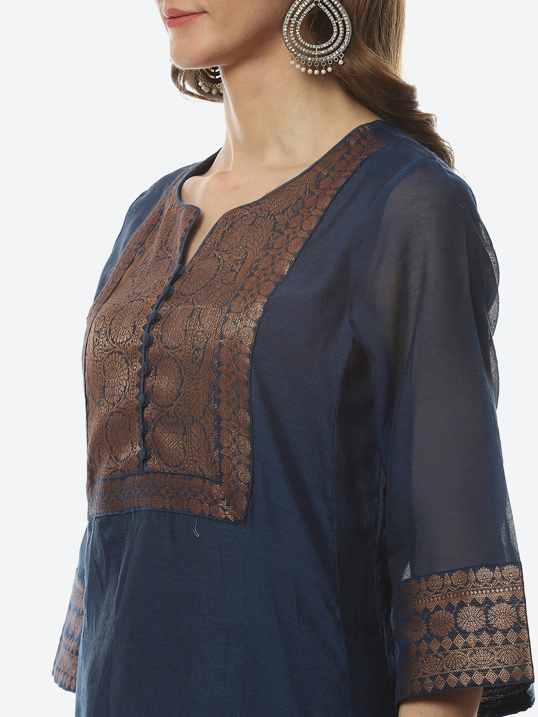 Biba Women Navy Blue & Copper-Toned Yoke Design Kurta - Distacart