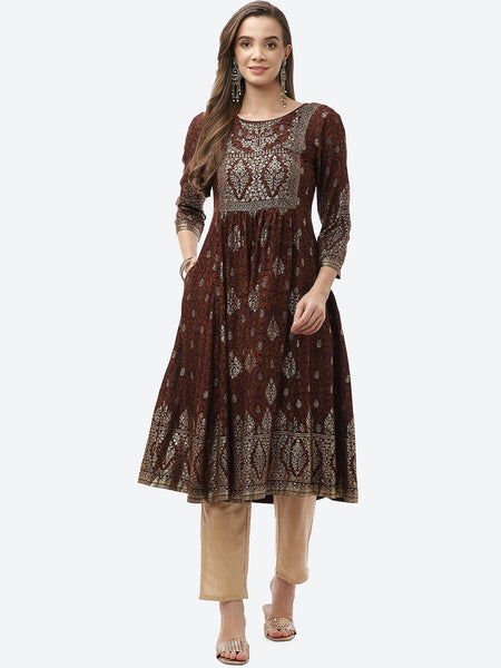Biba Women Brown & Gold-Toned Printed Thread Work Anarkali Kurta - Distacart