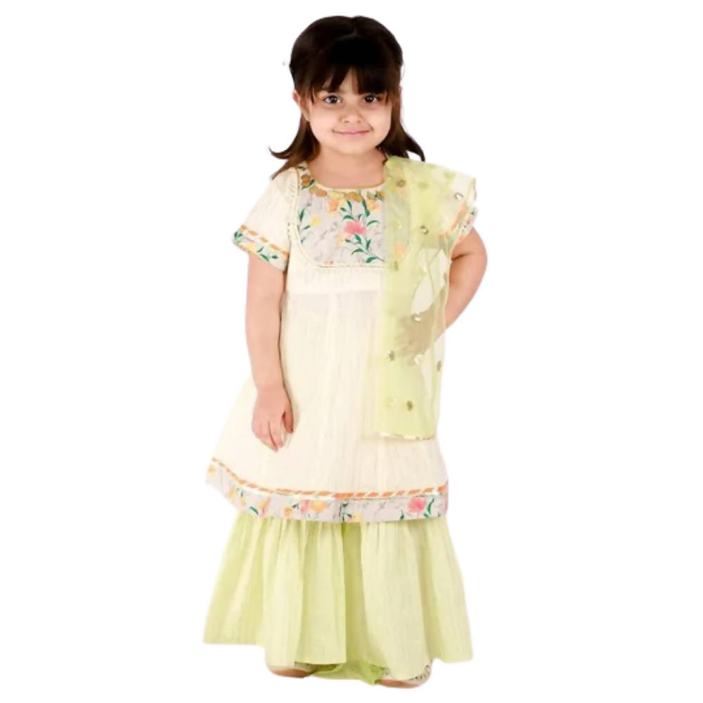Little Bansi Green Sikka work Gold strip Kurta Frock with sharara and Dupatta