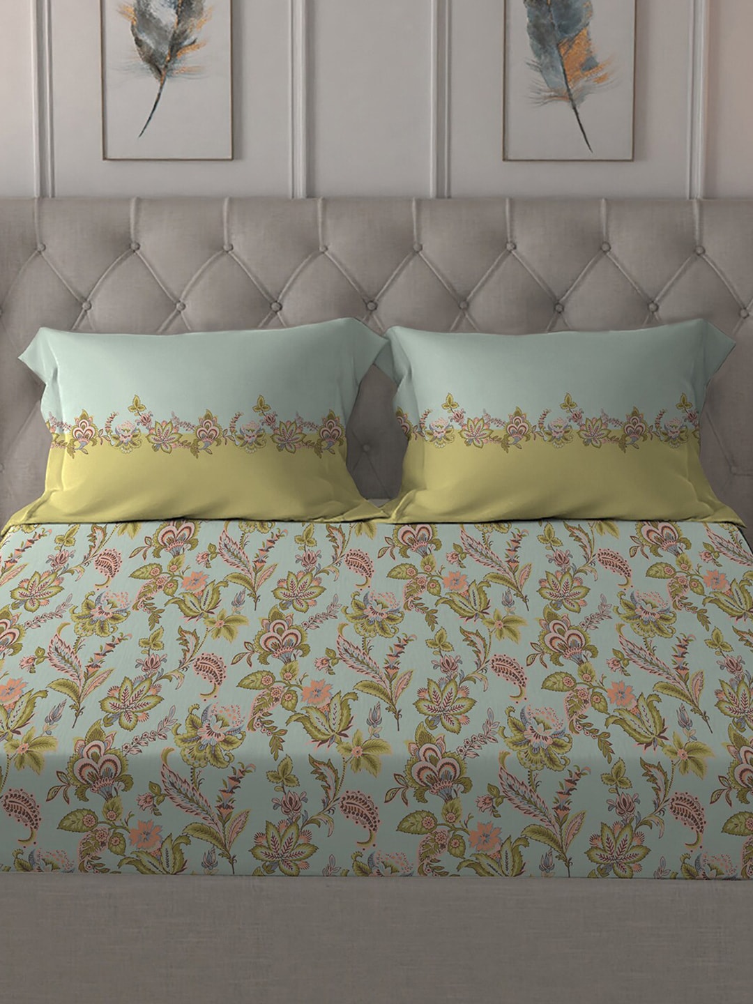 MYTRIDENT Blue White Floral Pure Cotton 144 TC Queen Bedsheet With 2 Pillow Covers - Distacart