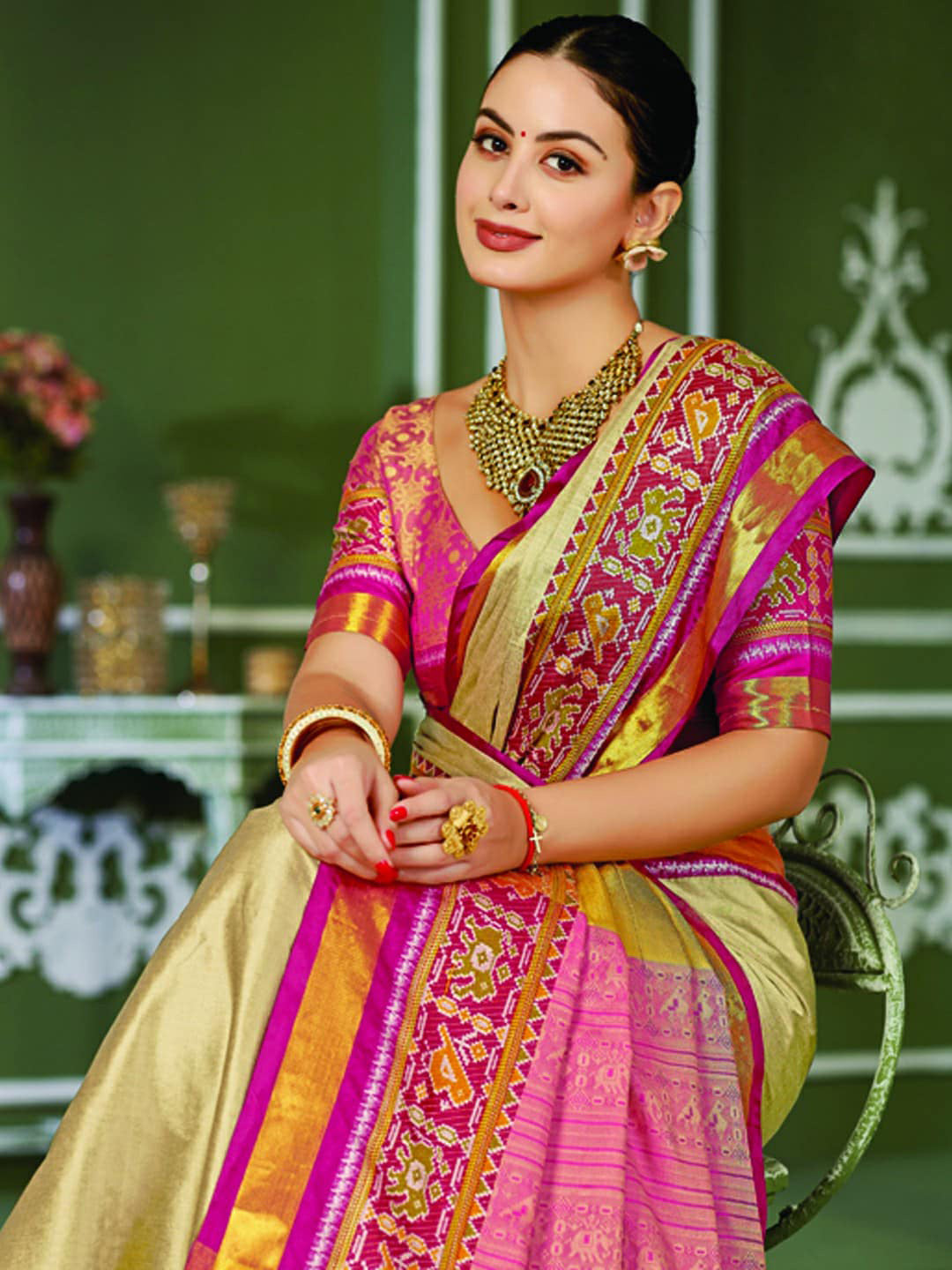 Mitera Beige & Pink Zari Pure Silk Banarasi Saree - Distacart