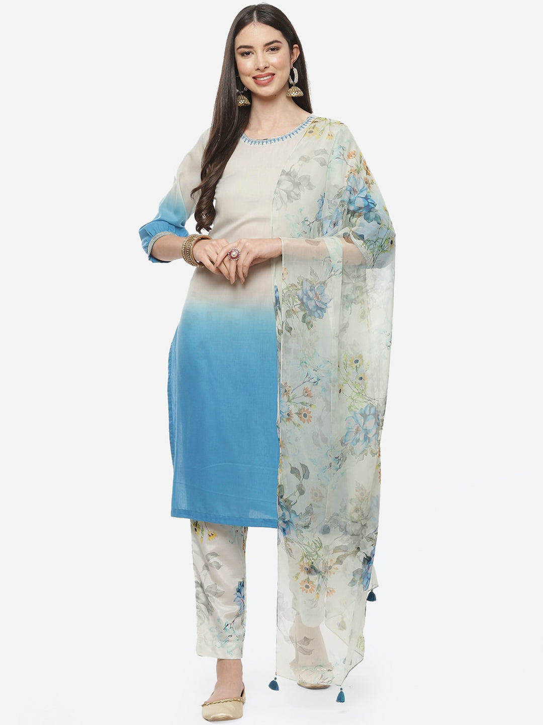 Biba Women Blue Kurta with Trousers & With Dupatta - Distacart
