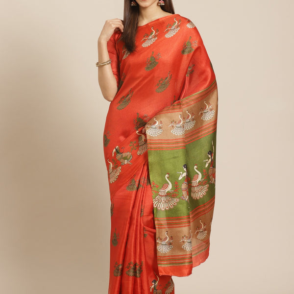 Saree Mall Rust Red & Green Printed Saree - Distacart