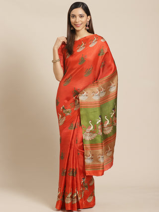 Saree Mall Rust Red & Green Printed Saree - Distacart