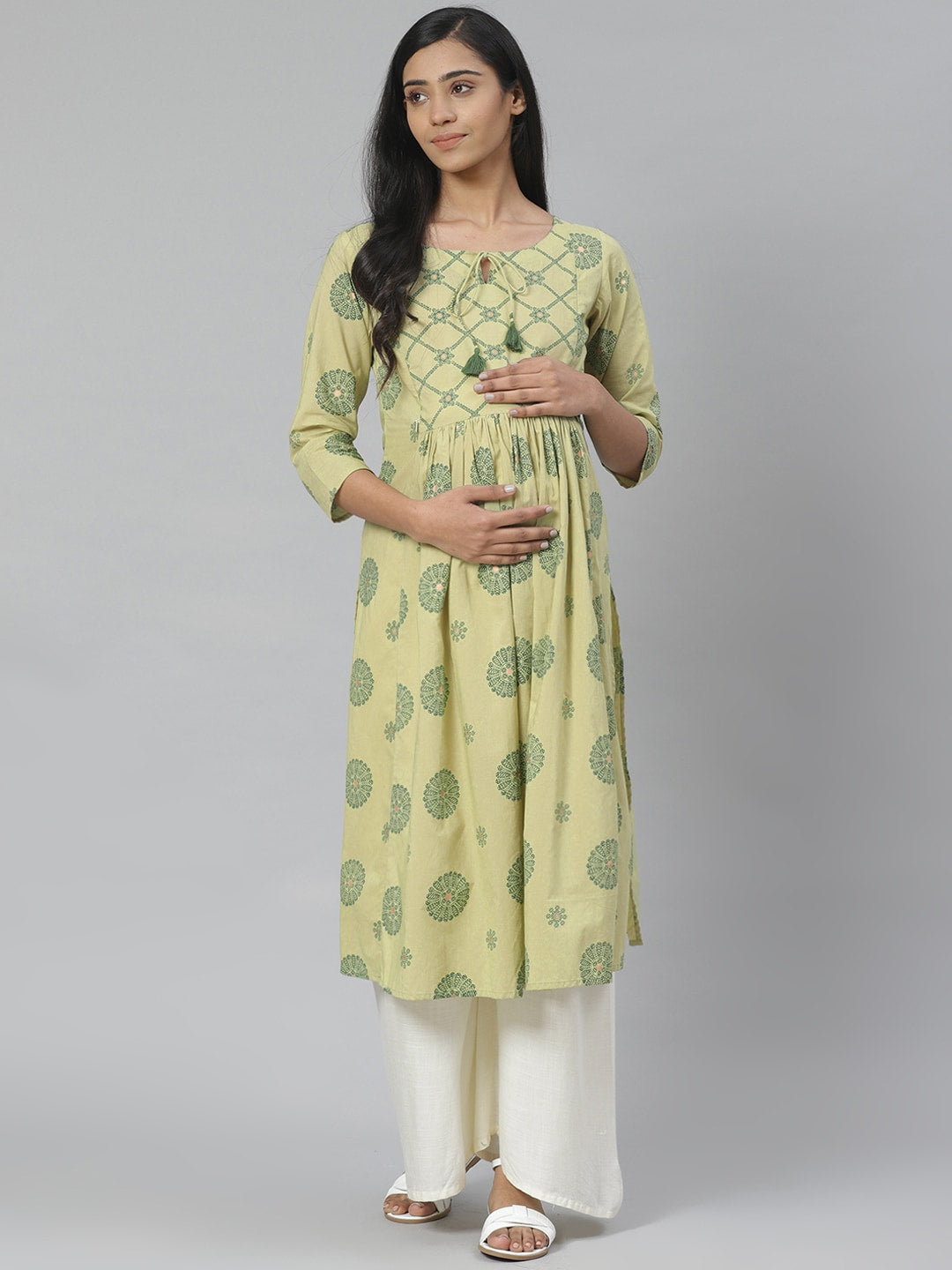 Anayna Women Green Printed Straight Pure Cotton Feeding Maternity Kurta - Distacart