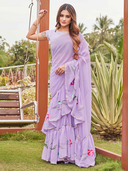 Tikhi Imli Printed Ruffle Saree With Mirror Embroidered Work Blouse - Distacart