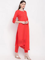 Thumbnail for Janasya Red Solid Kurta with Trousers & Dupatta - Distacart
