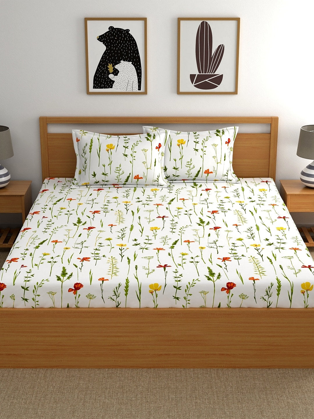 Home Ecstasy White & Green Printed 140 TC Cotton Double Queen Bedsheet With 2 Pillow Covers - Distacart
