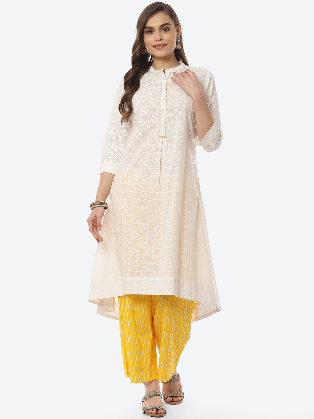 Biba Women Plus Size White Layered Pure Cotton Kurta With Palazzo - Distacart