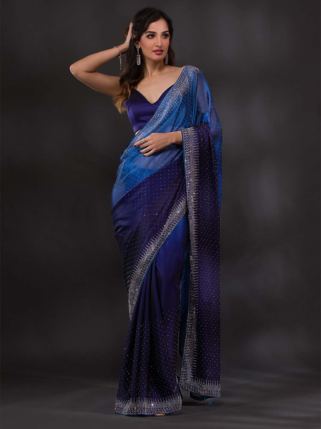 Koskii Navy Blue & Silver-Toned Embellished Embroidered Saree - Distacart