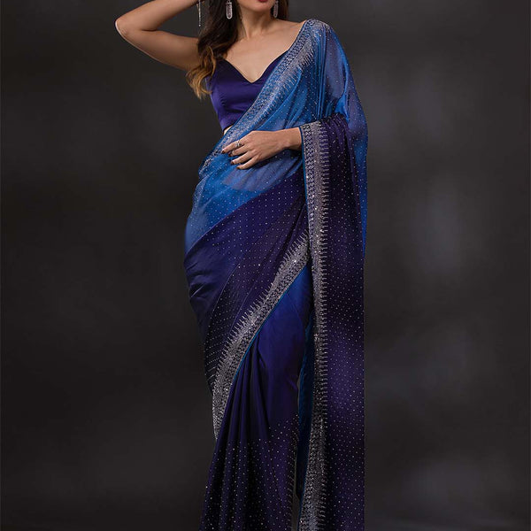 Koskii Navy Blue & Silver-Toned Embellished Embroidered Saree - Distacart