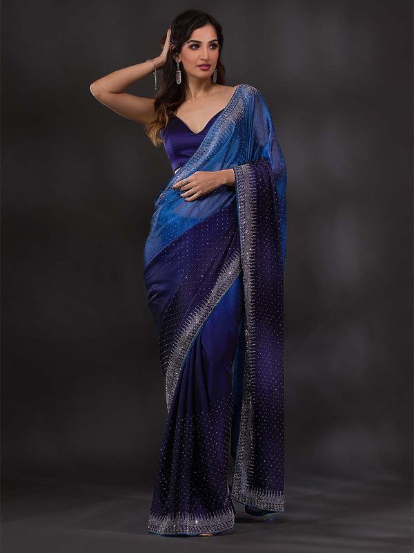 Koskii Navy Blue & Silver-Toned Embellished Embroidered Saree - Distacart