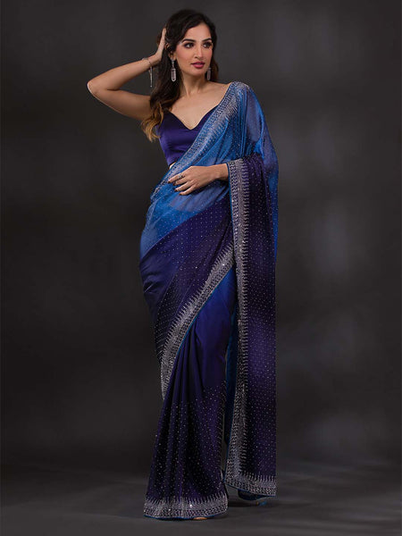 Koskii Navy Blue & Silver-Toned Embellished Embroidered Saree - Distacart