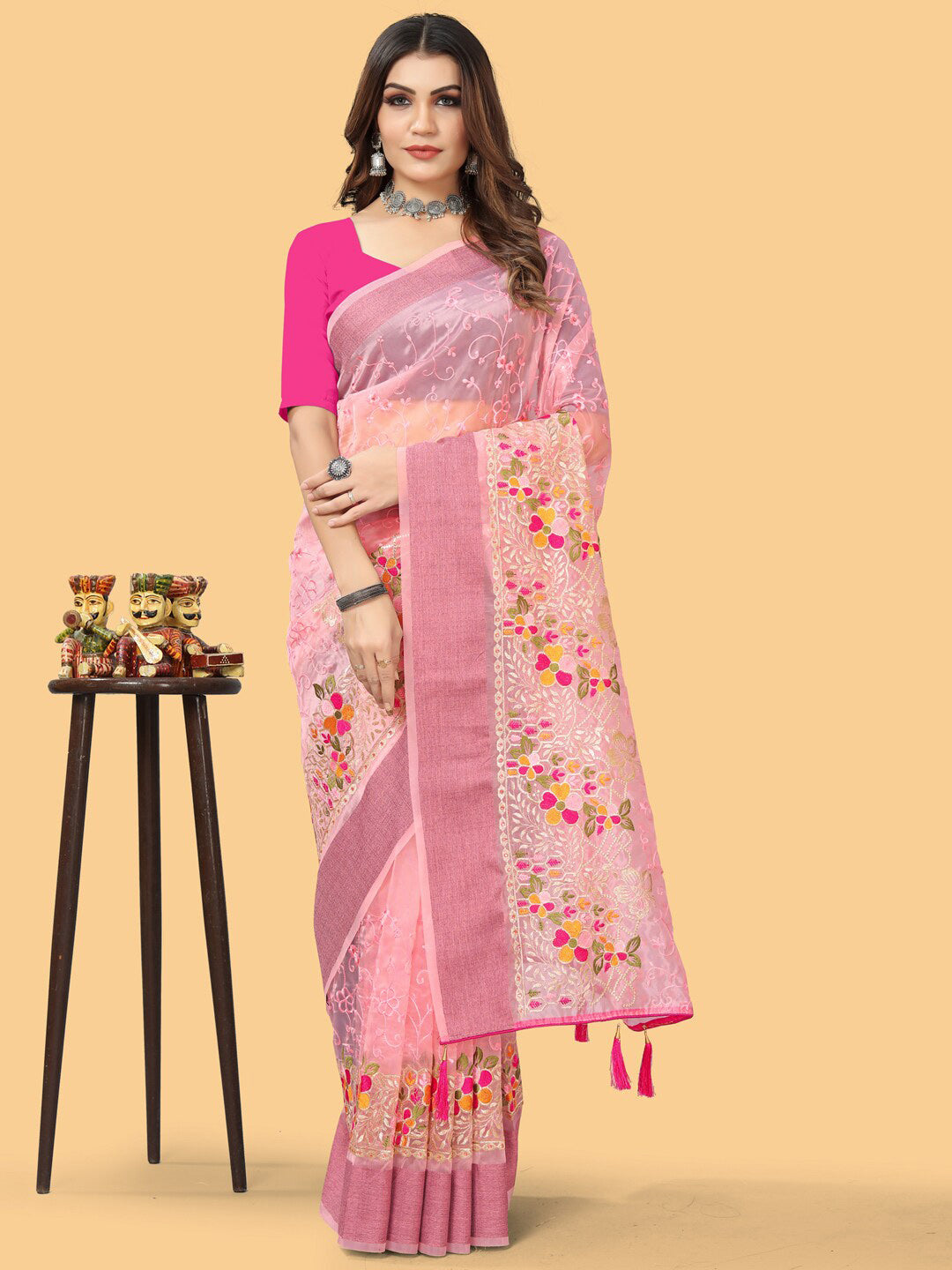 Sangria Pink & White Floral Embroidered Zari Organza Bagh Sarees - Distacart