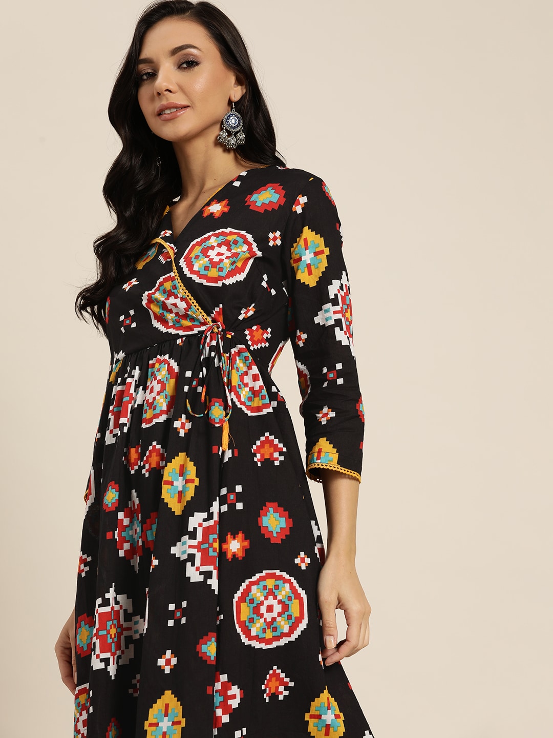 Sangria Women Black & White Geometric Print Cotton Angrakha Kurta with Trousers - Distacart