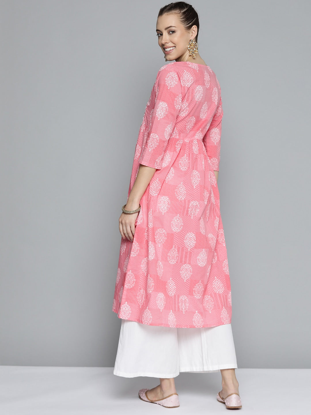 HERE&NOW Women Pink & White Ethnic Motifs Printed Gotta Patti Pure Cotton Kurta - Distacart