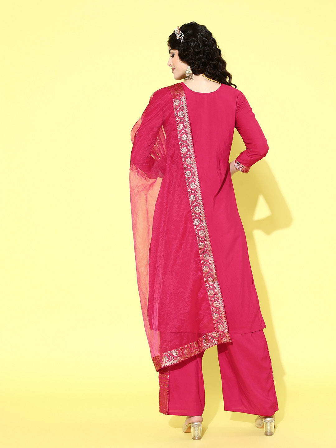 Sangria Floral Yoke Design Jacquard Kurta with Palazzos & With Dupatta - Distacart
