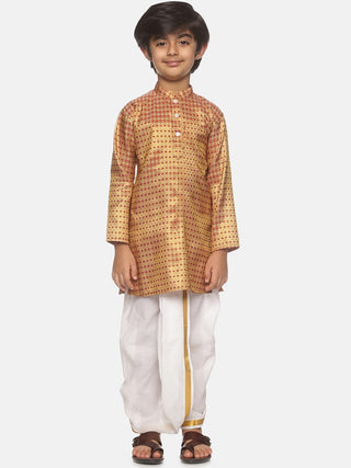 Sethukrishna Boys Golden & White Ethnic Motifs Printed Kurta with Dhoti Pants - Distacart