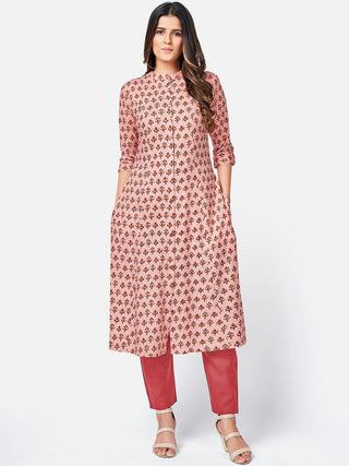 Kalini Women Peach-Coloured Floral Printed Thread Worked Kurta - Distacart