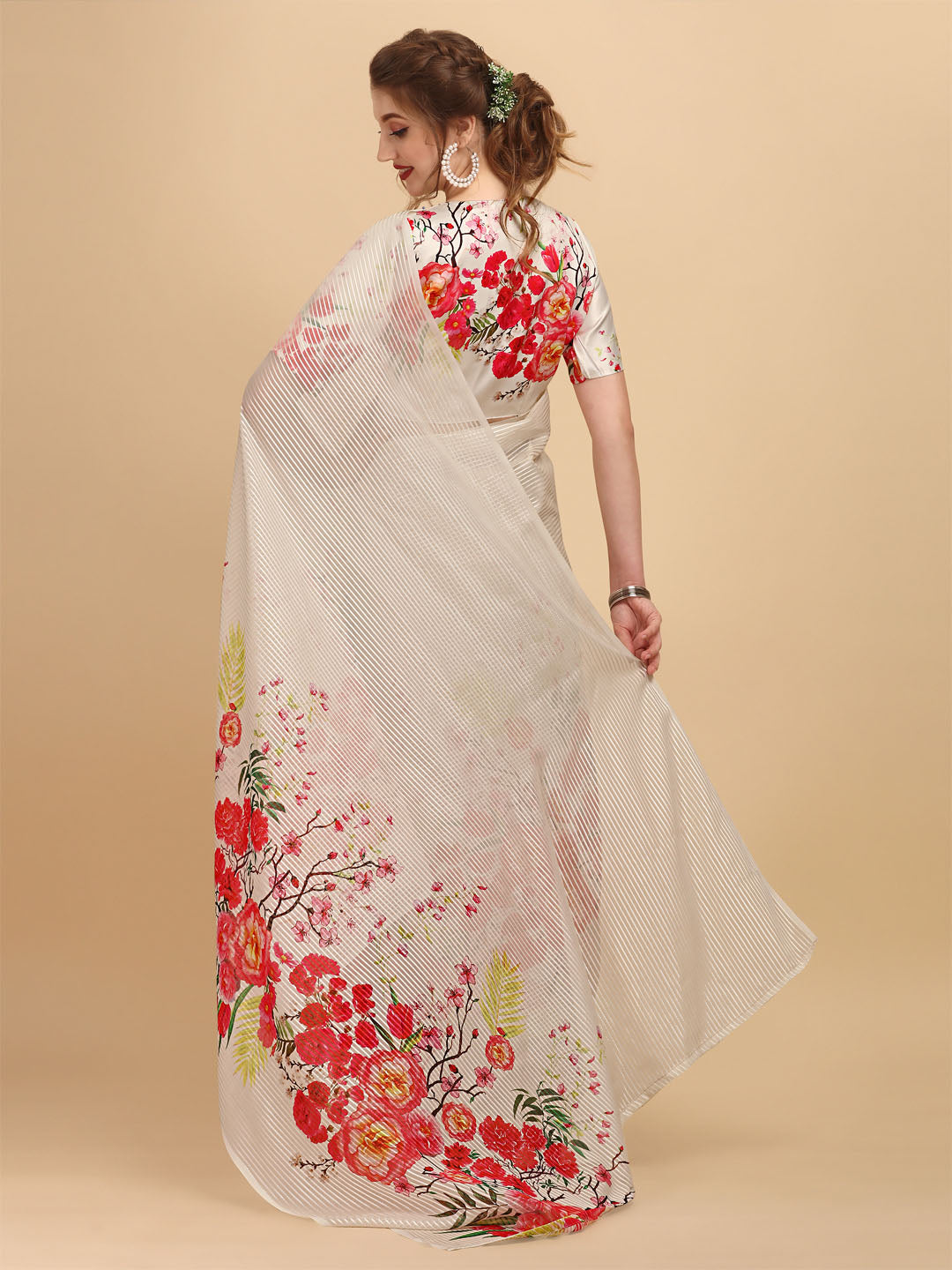 Sangria Off White & Red Floral Satin Designer Saree - Distacart