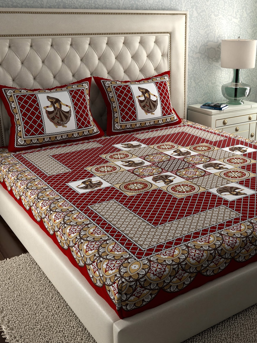 LA VERNE Jaipuri Print 104 TC Cotton 1 Double Queen Bedsheet With 2 Pillow Covers - Distacart