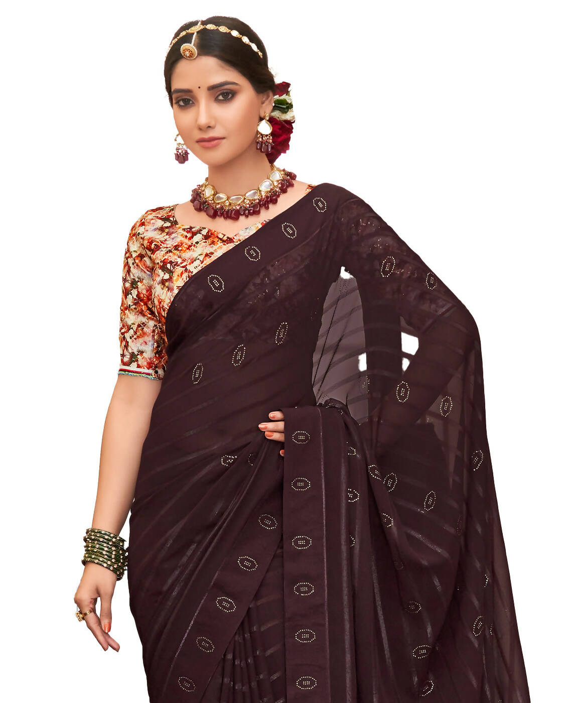 Brown Georgette Swaroski Work Saree With Unstitched Blouse Piece - Juhi - Distacart