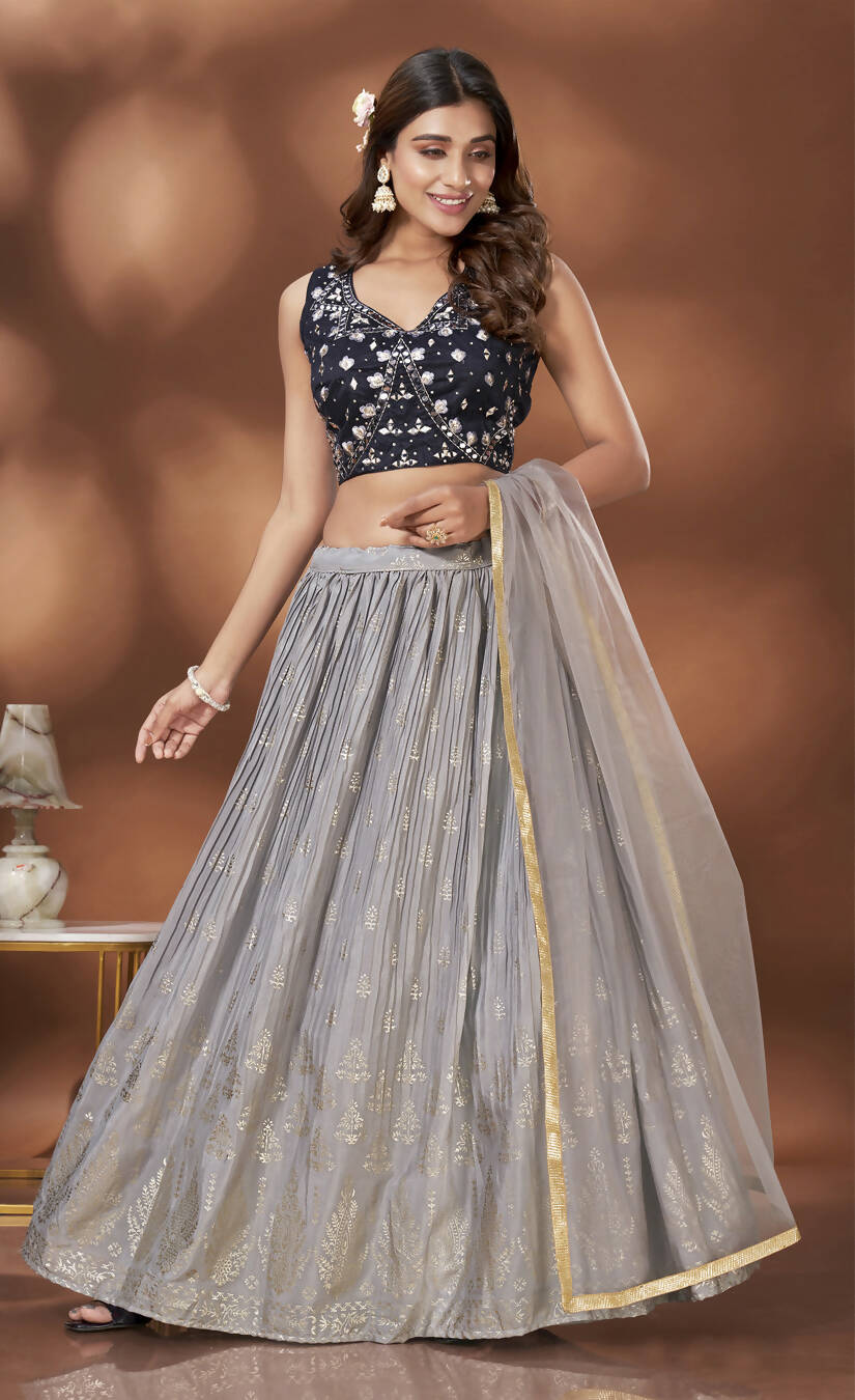 Grey Chinnon Crush Foil Printed Lehenga Choli with Dupatta - Aakriti - Distacart