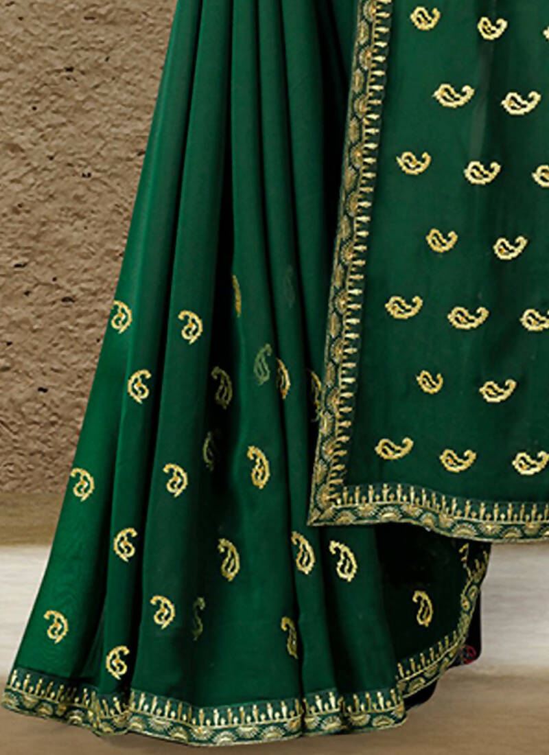 Green Georgette Embroidered Saree with Unstitched Blouse Piece - Avika - Distacart