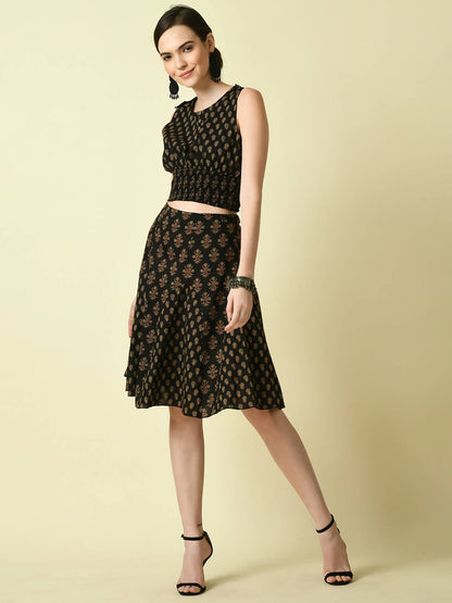 Myshka Women's Black Pure Cotton Printed Flared Skirt - Distacart
