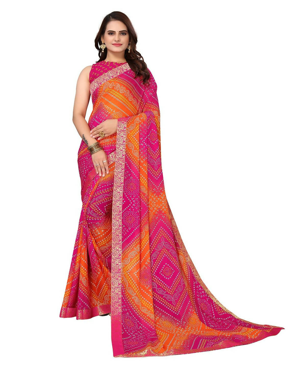 Vamika Pink Georgette Printed With Lace Saree (VERA PINK) - Distacart