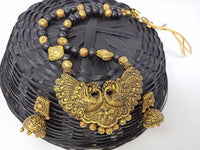 Thumbnail for Terracotta Long Necklace Set With Peacock Pendant With Temple Jhumkas-Black And Gold