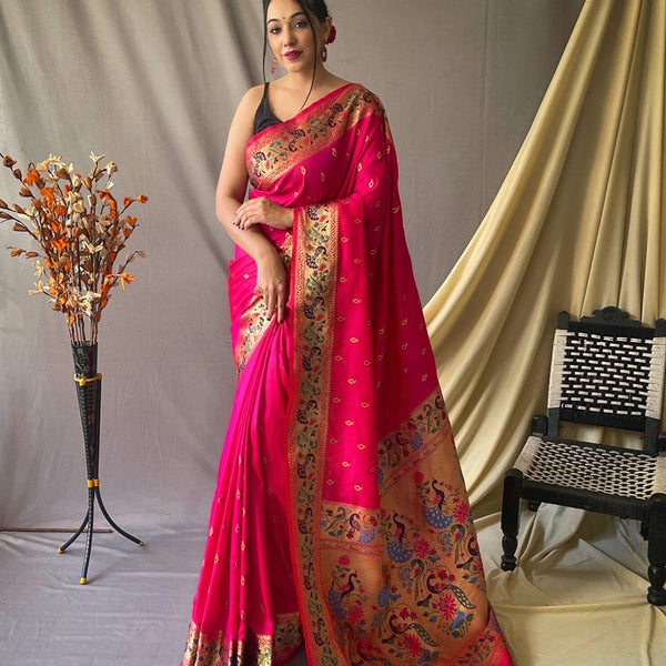 Mitera Pink & Gold-Toned Ethnic Motif Woven Design Zari Paithani Saree - Distacart