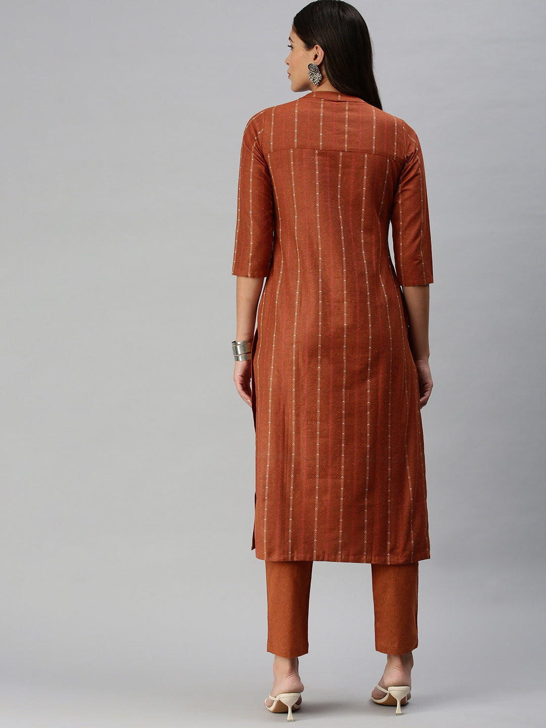 Kalini Women Rust Red Pure Cotton Geometric Woven Design Kurta with Trousers - Distacart