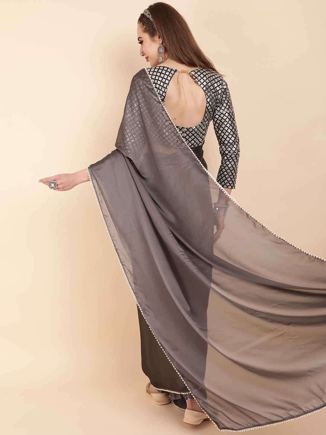 Sangria Grey Beads & Stones Satin Saree - Distacart