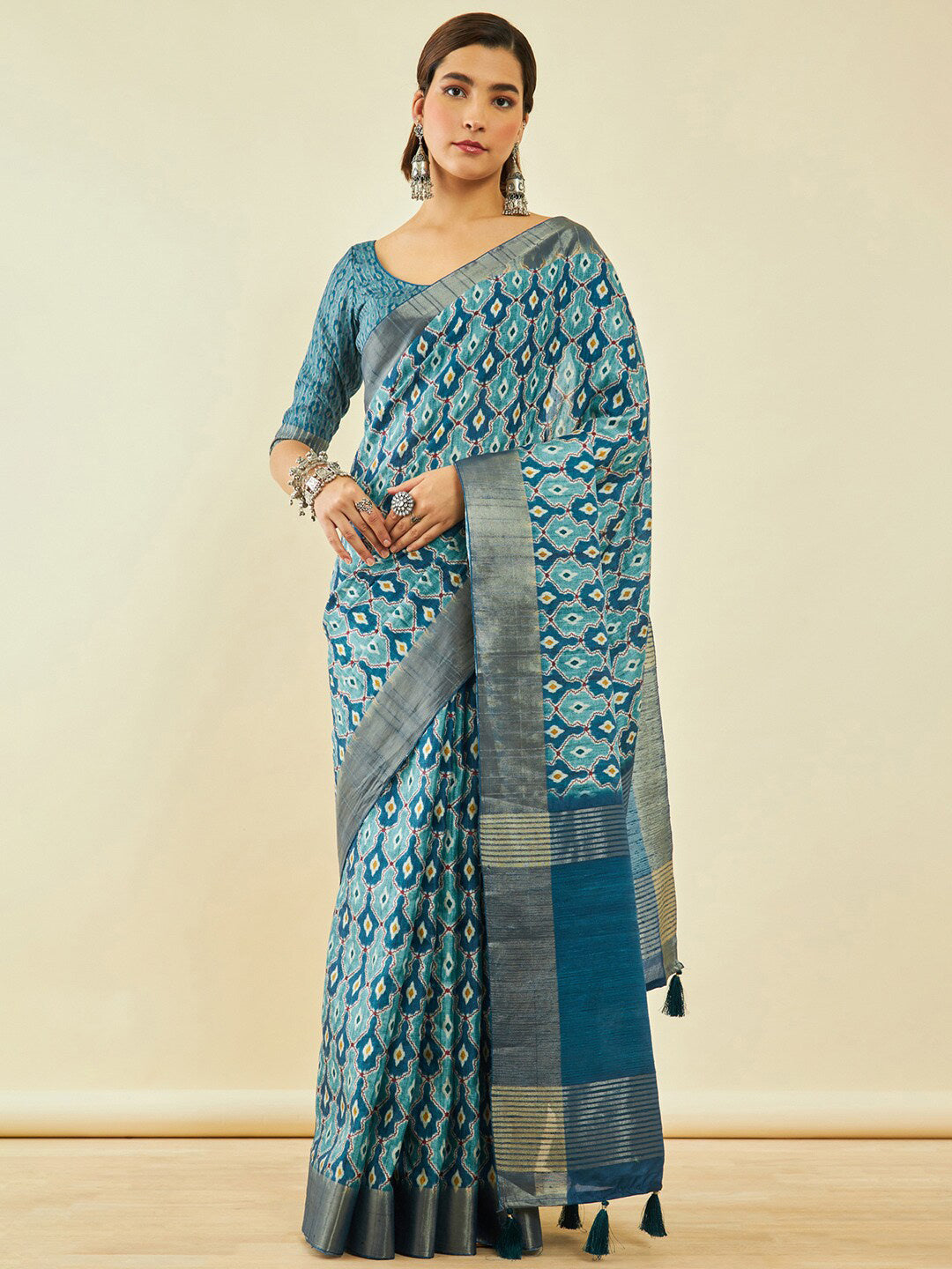 Soch Zari Silk Blend Ikat Saree - Distacart
