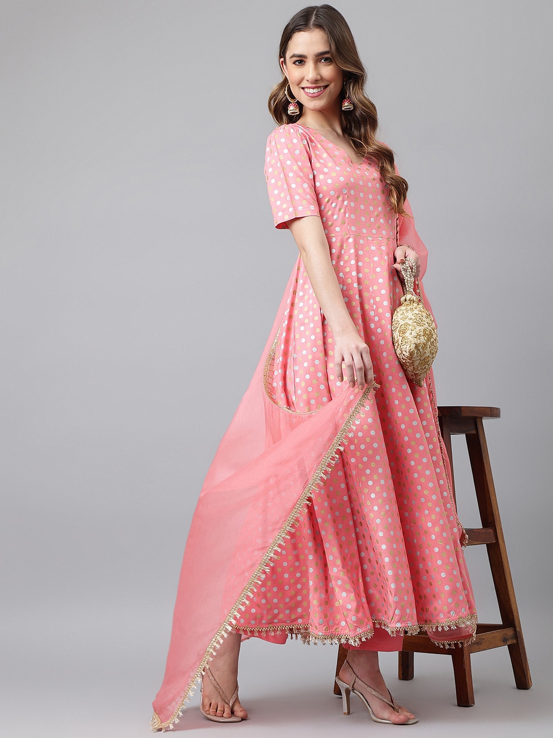 Khushal K Women Pink Printed Empire Kurta with Trousers & With Dupatta - Distacart