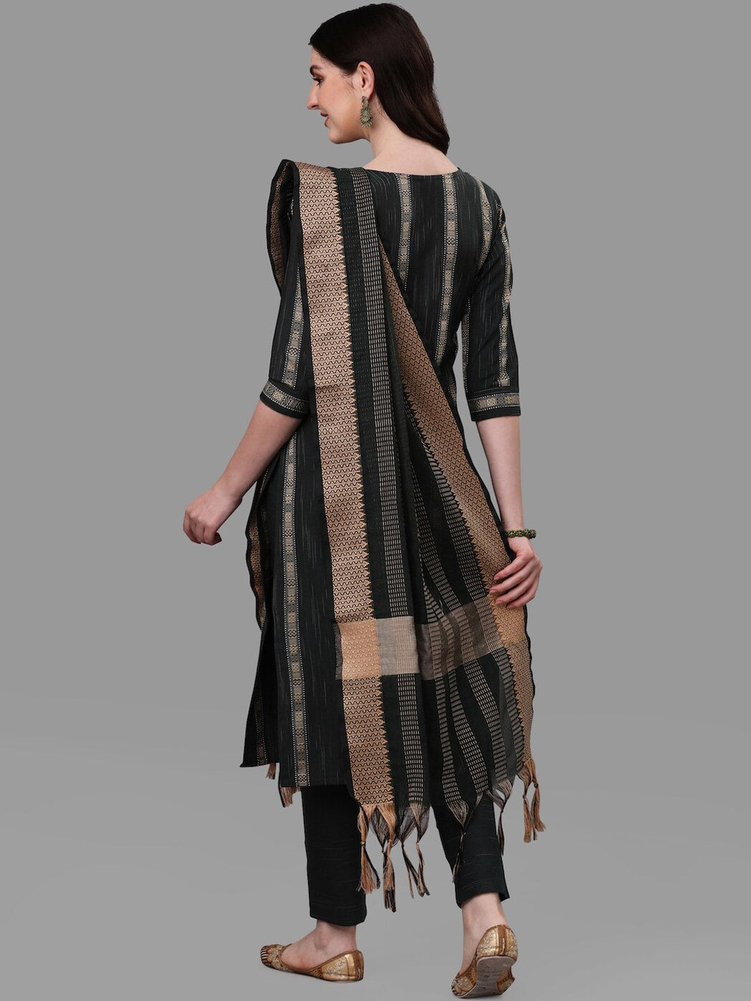 HERE&NOW Green Striped Pure Cotton Kurta With Trousers & Dupatta - Distacart