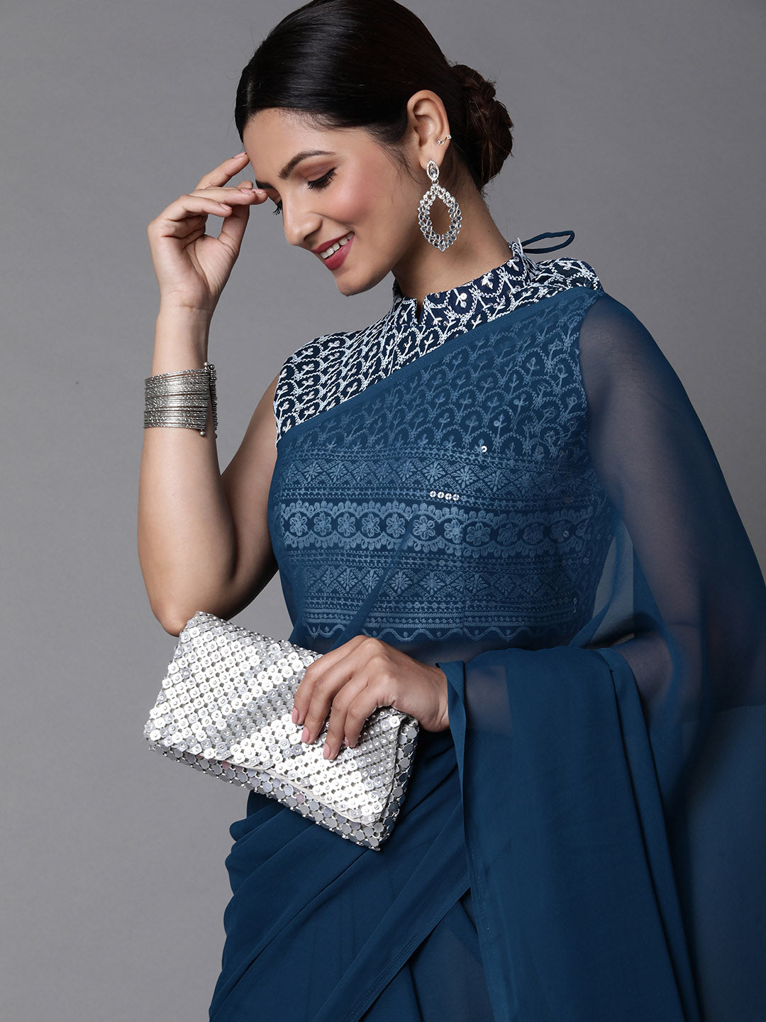 Mitera Teal Blue Solid Pure Georgette Saree - Distacart